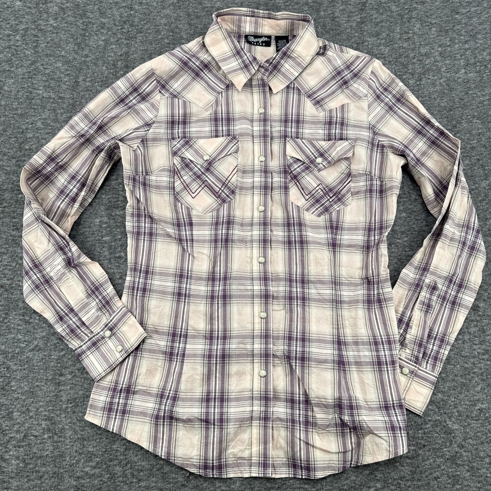 Wrangler Retro Western Shirt Mens Medium Purple Plaid Pearl Snap Long Sleeve